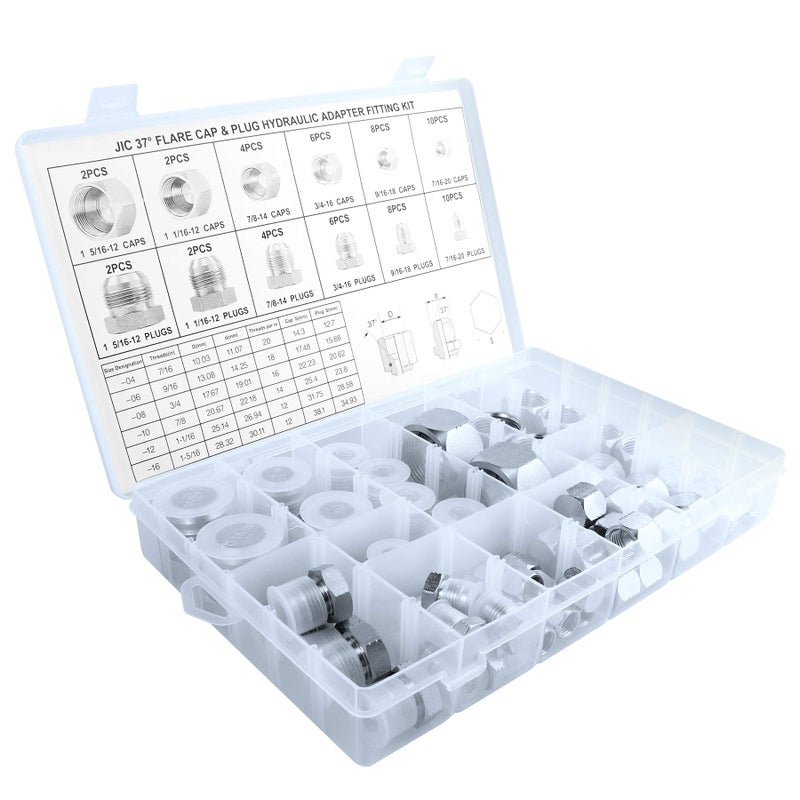OKBA 64pcs JIC Plug and Cap Kit JIC 37Â° Flare Caps and Plugs Kit with Precision Threading Hydraulic Plugs and Caps Kit Set Dash Sizes 04 06 08 10 12 16 - Image 2
